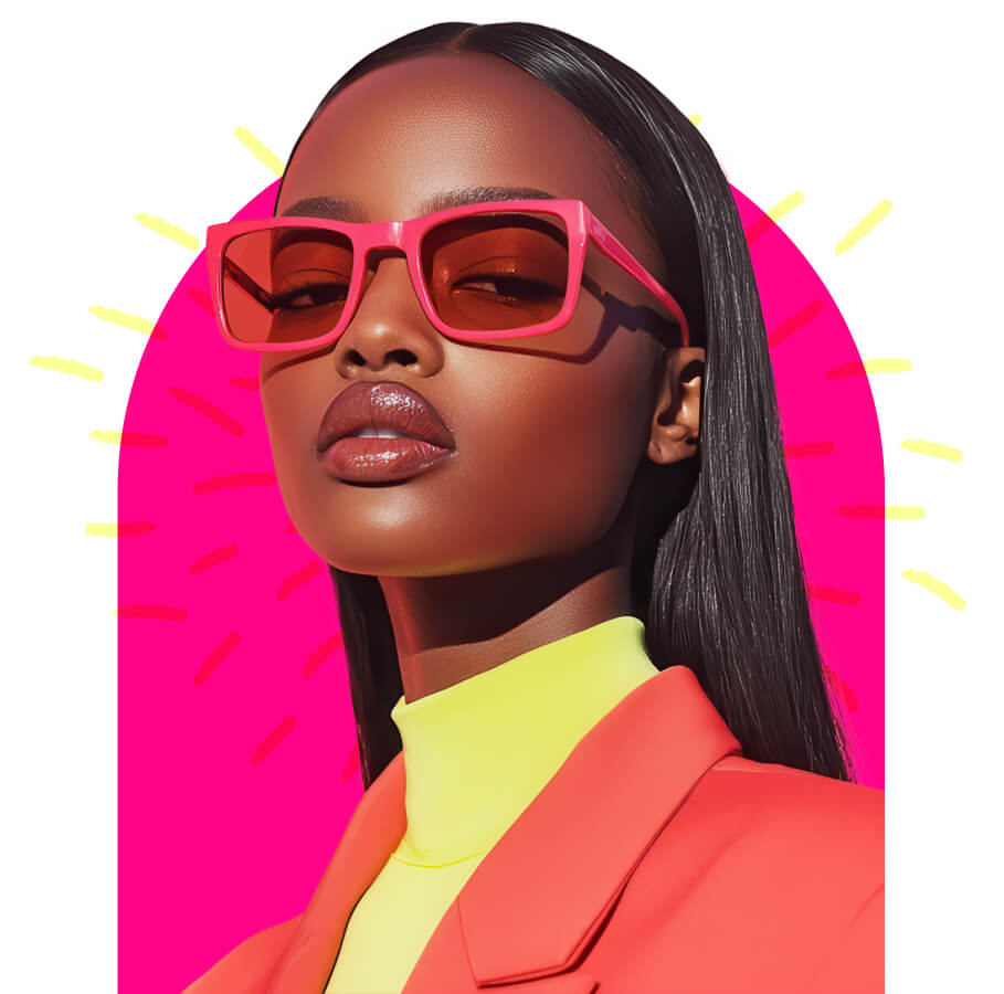 Model wearing pink sun glasses and jacket with a yellow top.