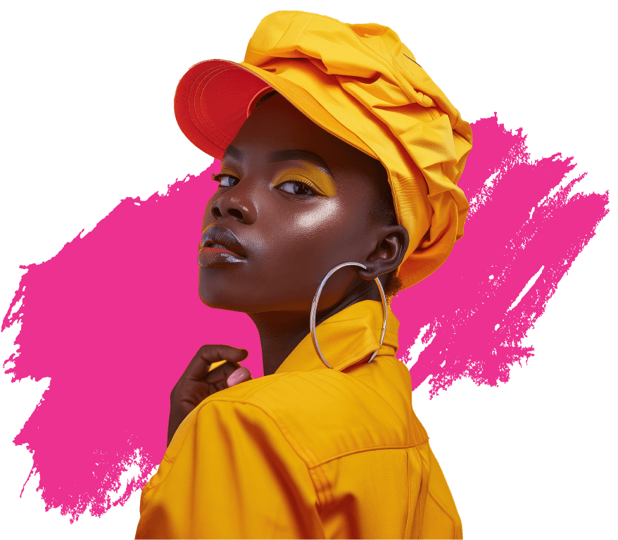 Model wearing a yellow hat and jacket with matching eye makeup.