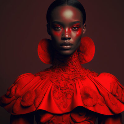 Women model in a red outfit and matching red makeup